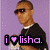 Pixelated image of a person in black shirt and sunglasses with purple background, showing text overlay 'i lisha.' on left