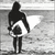 Black silhouette of a person standing with arms at sides, holding a surfboard against a gray gradient background in a 50x50 pixel icon.