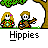 Pixel art contact sheet showing three frames of an animated buddy icon featuring two cartoon characters under a tree with the text "Hippies" below each frame.