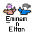 Pixel art of two figures with gray hats and raised hands above stylized text reading 'Eminem n Elton' on a light gray background.