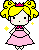 Pixel art character with yellow pigtails, pink crown, and pink dress stands against gray background with four yellow stars.
