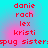 Red pixelated text lists names danie, rach, lex, kristi and spug sisters on a cyan background with pink gradient accents.