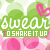 A repeating pattern of green and pink shapes with text overlays reading 'swear' in white script and 'TO SHAKE IT UP' in bold uppercase letters.