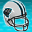 identical football helmets with a blue background, each featuring a black and white striped pattern and a dark emblem on the side