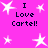 A static image with a bright pink background featuring white star shapes and repeated text "I Love Cartel!" in dark blue pixelated font.