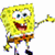 Yellow sponge character with brown shorts and white shirt, smiling widely with open mouth, right arm extended, on white background.