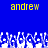 Blue background with yellow text 'andrew' repeated twice at top, white pixelated shapes resembling hands or fingers below.