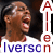 Animated image of a basketball player in white jersey with red trim, mouth open in laughter, head tilted back, text "Iverson" below and vertical "Allen" to the side.