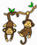 Two pixelated monkeys hang upside down from a brown branch with green leaves against a white background.