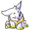 Animated sequence of a white rabbit-like creature with pink inner ears and yellow accents on its limbs, wearing a golden collar with pink details.