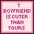 25 square icons with pink borders, each displaying the text "MY BOYFRIEND IS CUTER THAN YOURS" in red and blue pixelated letters on a light pink background