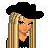 Pixelated cartoon character with blonde hair and black cowboy hat, wearing black t-shirt and blue jeans, standing against white background with pink text "i'm here for the party!" below.