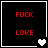 Four black square with red text 'FUCK' and 'LOVE', each has a white or gray heart icon at bottom-right corner