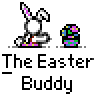 Animated contact sheet showing two identical pixel art bunny icons with a small colorful object, alongside text promoting 'badass buddy .com' and the name 'The Easter Buddy'