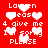 Red background with white pixelated text and heart symbols arranged in a pattern, displaying phrases like 'Lauren please 4 give me I'm sorry PLEASE'