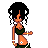 Pixel art character with dark curly hair, green top, and dark pants, shown in three views with text below.