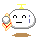 Pixelated character with white rounded head, black eyes, and straight mouth holding a magnifying glass; yellow antenna on top, blue vertical lines on right side of face.