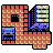 Pixel art icon depicting a red and yellow checkered building with black trim, featuring a blue robot-like figure on the left and stacked green-and-yellow blocks on the right.