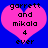 Two identical pink hearts on a blue background with black pixelated text reading 'garrett and mikala 4 ever' inside each heart.