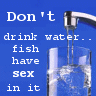 Static blue background image with white text and a water faucet pouring into a glass, featuring pixelated font style.