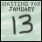 Light green background with pixelated text 'WAITING FOR JANUARY' above large number '13', show heart symbol in bottom-right corner
