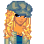 Pixel art of a character with long blonde hair and a gray cap, wearing an orange top and blue jacket over jeans, standing above text phrases on a teal background.