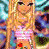 A 4-frame animated contact sheet showing a cartoon woman in a pink bikini with blonde hair, surrounded by repeated text "Colour me baby" on yellow banners against a blue wave background.