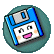 Pixelated floppy disk character with blue casing, white face, and peach cheeks in teal circular frame; left version has open pink mouth, right version has closed straight mouth.