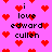 Pixelated pink background with red heart shapes and black text reading "i love edward cullen" repeated across the image.