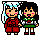 Two pixel-art characters in traditional Japanese attire with black hair and pink cheeks, one smiling widely while the other has a neutral expression.
