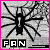 Black spider silhouette on gray web background with 'FAN' text in black squares at bottom, pink border framing the image.