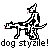 Pixelated black-and-white dog and rider with pink accents, text 'dog styzile! dog styzile!' below on gray background.