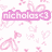 Pixelated pink text 'nicholas' on a white background with scattered pink heart and star shapes.