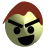 Pixelated circular icon with greenish-yellow face, dark red hair, thick black eyebrows, black eyes, and a wide black mouth against gray background.