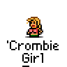 Pixel art contact sheet of a single character in multiple frames showing static poses and speech bubbles with text.