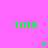 Green 'tom' text on pink background with animated green symbols changing across three