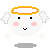 Pixelated angel icon with orange halo, white wings, pink cheeks, and black eyes/mouth in six variations showing wing presence/absence and mouth expressions.