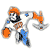 Pixelated character with orange hair, white and gray body, blue accents, holding orange circular object and orange flag-like shape.