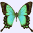 Pixelated butterfly with green and blue wing patterns, brown edges, and a segmented body on white background.