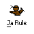 Two side-by-side pixel art frames of a brown cartoon character with black outline, arms raised in motion, above white text reading "Ja Rule" on gray background.