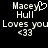 Pixelated text displays 'Macey Hull' with a heart symbol, 'Loves you', and '<33' on black background.
