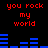 Red text 'you rock my world' repeated four times on black background with blue audio equalizer bars, two of horizontal bar patterns