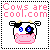 Pixel art cow head with black-and-white patches, pink nose, and blue eyes; text 'Cows are cool.com' above in matching color.