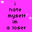 Pixelated text on a bright pink background with scattered white and pink stars, displaying 'i hate myself im a loser' in multiple