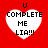 Red background with four white heart shapes, each containing black text reading "U COMPLETE ME LIA!!!" in pixelated font.