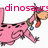 Pink cartoon dinosaur with green collar and blue charm walks left to right, text changes from 'dinosaurs are da bomb!' to '<3' in red.