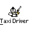 Animated contact sheet of a pixel art taxi driver character with speech bubbles and repeated text across 17 frames on gray background.