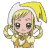 Pixelated anime-style character with blonde hair in pigtails, wearing a yellow hat with white trim and a yellow dress with white accents, standing against a gray background.