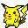 Four pixelated yellow cartoon characters with red cheek spots, black eyes, and brown-tipped tails stand in different poses against a gray background.