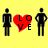 Yellow background with black silhouettes of people and red heart symbols containing 'LOVE' text, showing animation changes in the heart's lettering.